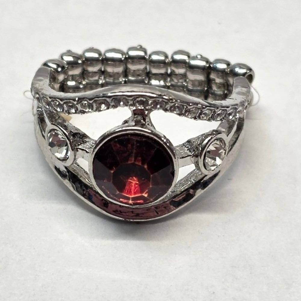 New Red Clear Round Rhinestone‎ Stretch Band Ring Plus size Silver Tone